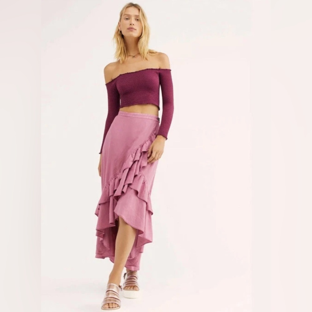 FREE PEOPLE CELINE RUFFLE WRAP MIDI SKIRT, XS